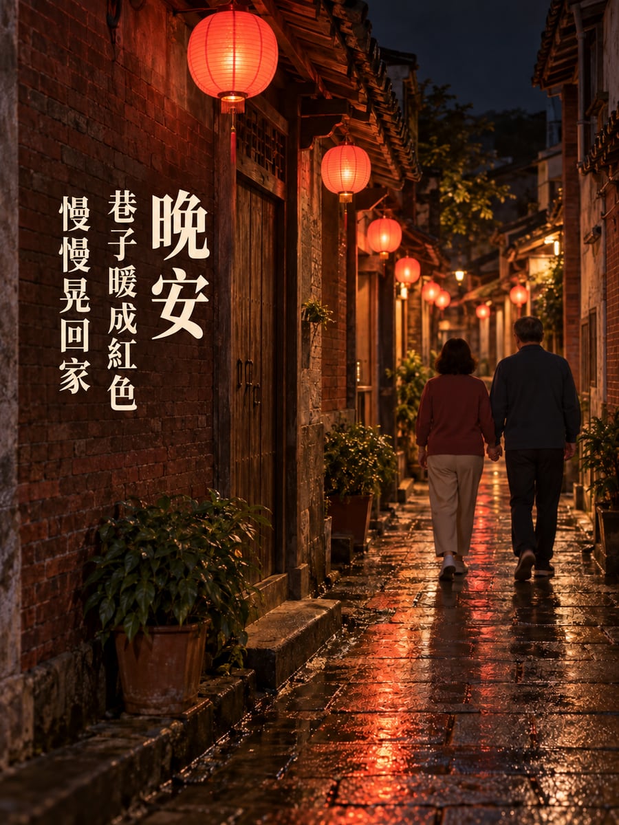 紅燈籠老巷。圖中文字：晚安，巷子暖成紅色，慢慢晃回家