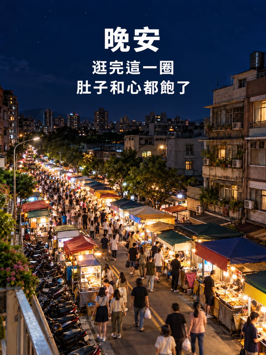 夜市燈海。圖中文字：晚安，逛完這一圈，肚子和心都飽了