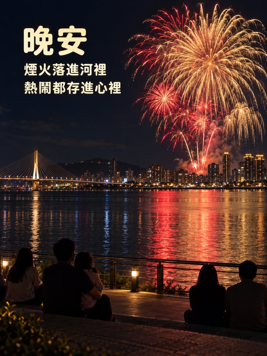 河岸煙火。圖中文字：晚安，煙火落進河裡，熱鬧都存進心裡