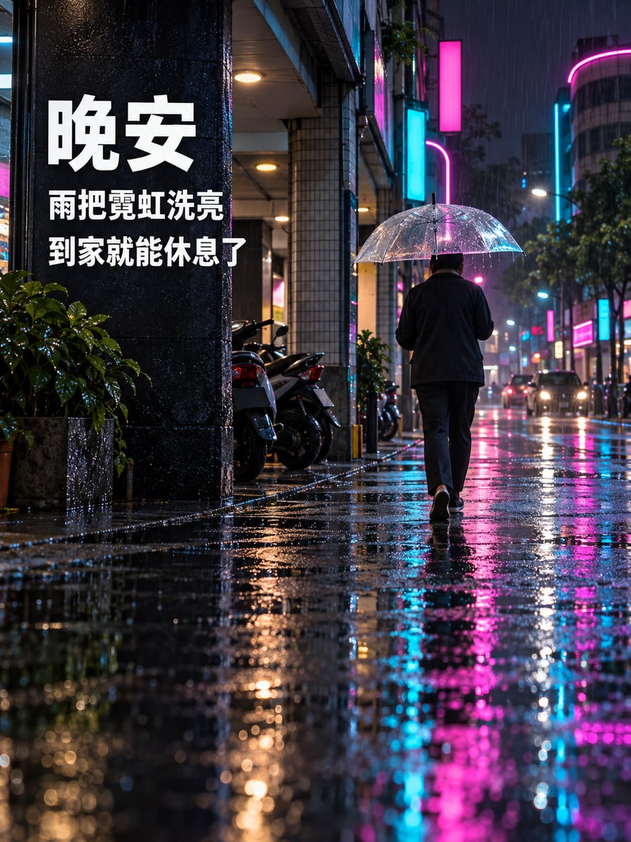 霓虹雨夜。圖中文字：晚安，雨把霓虹洗亮，到家就能休息了