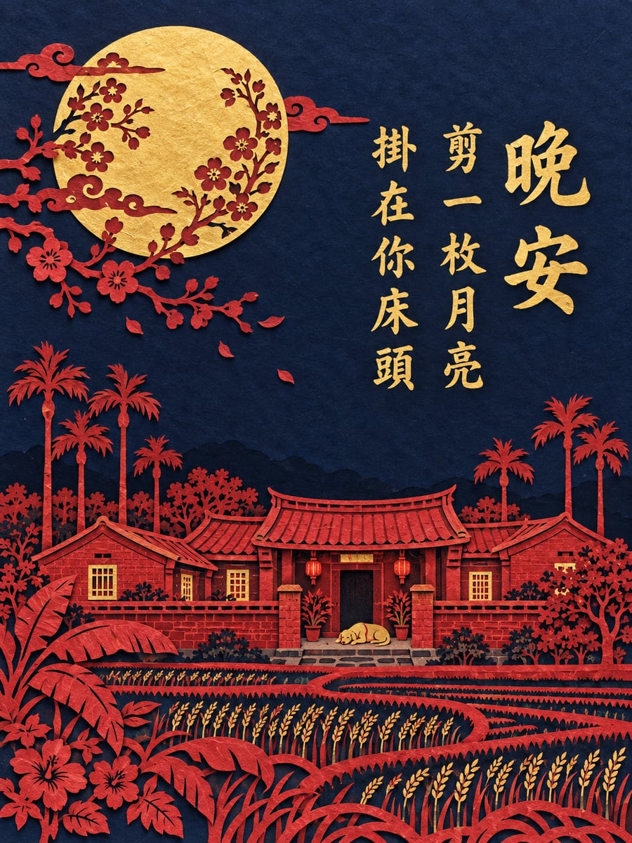 剪紙月夜。圖中文字：晚安，剪一枚月亮，掛在你床頭
