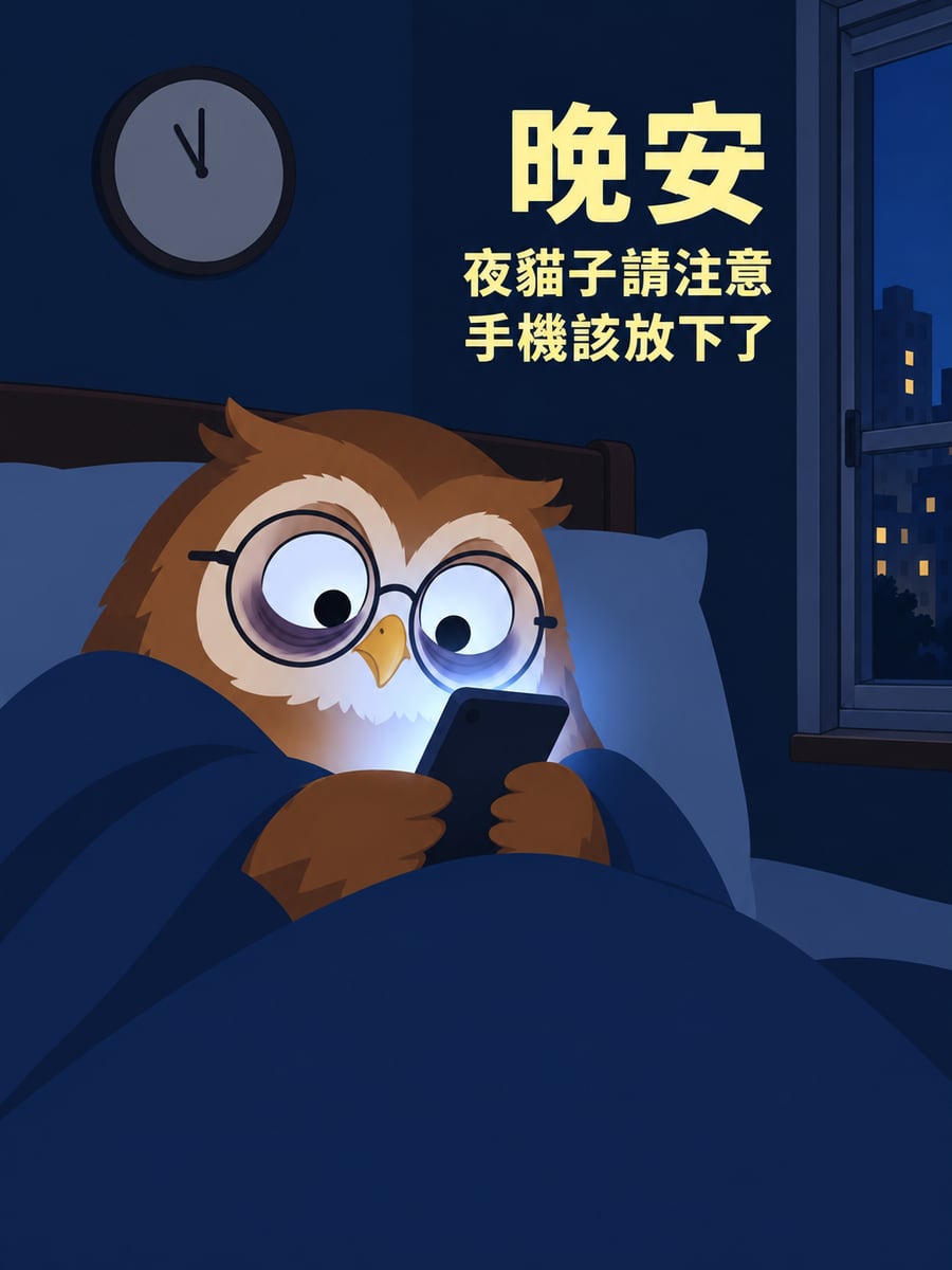 夜貓子請注意。圖中文字：晚安，夜貓子請注意，手機該放下了