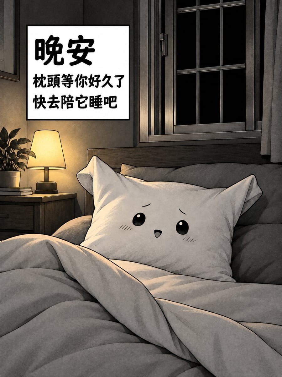 等你好久的枕頭。圖中文字：晚安，枕頭等你好久了，快去陪它睡吧