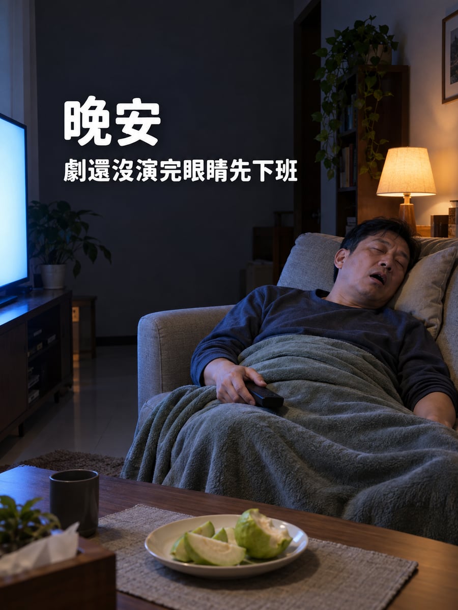 追劇追到睡著。圖中文字：晚安，劇還沒演完眼睛先下班