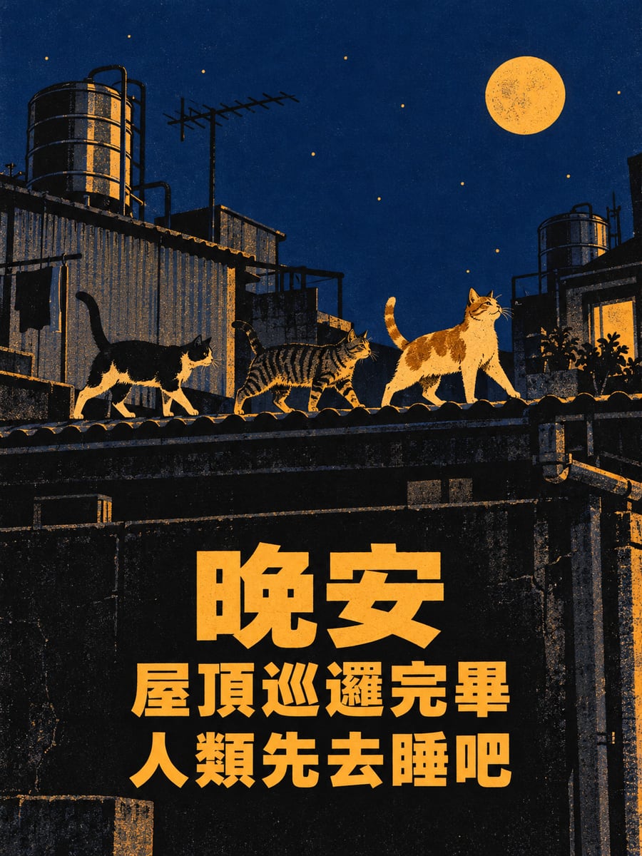 屋頂巡邏的貓。圖中文字：晚安，屋頂巡邏完畢，人類先去睡吧