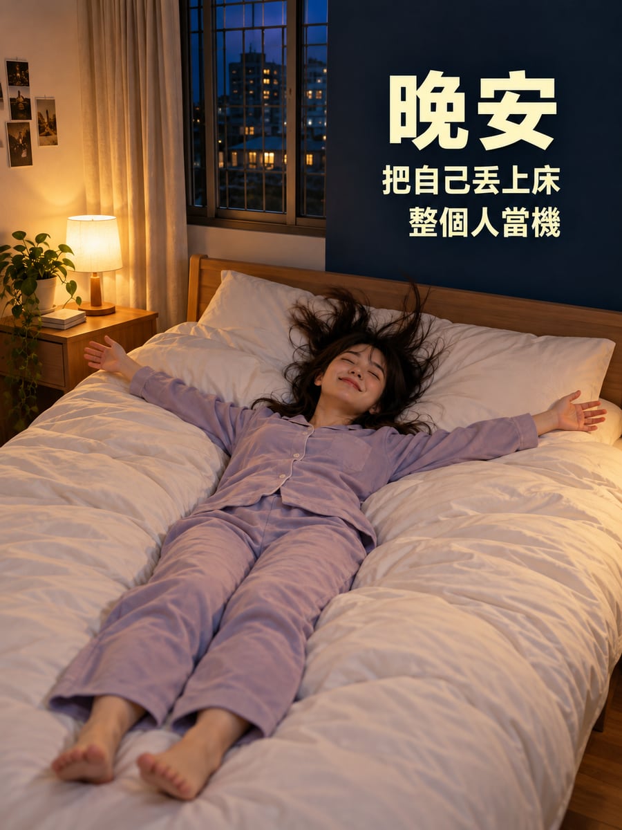 把自己丟上床。圖中文字：晚安，把自己丟上床，整個人當機