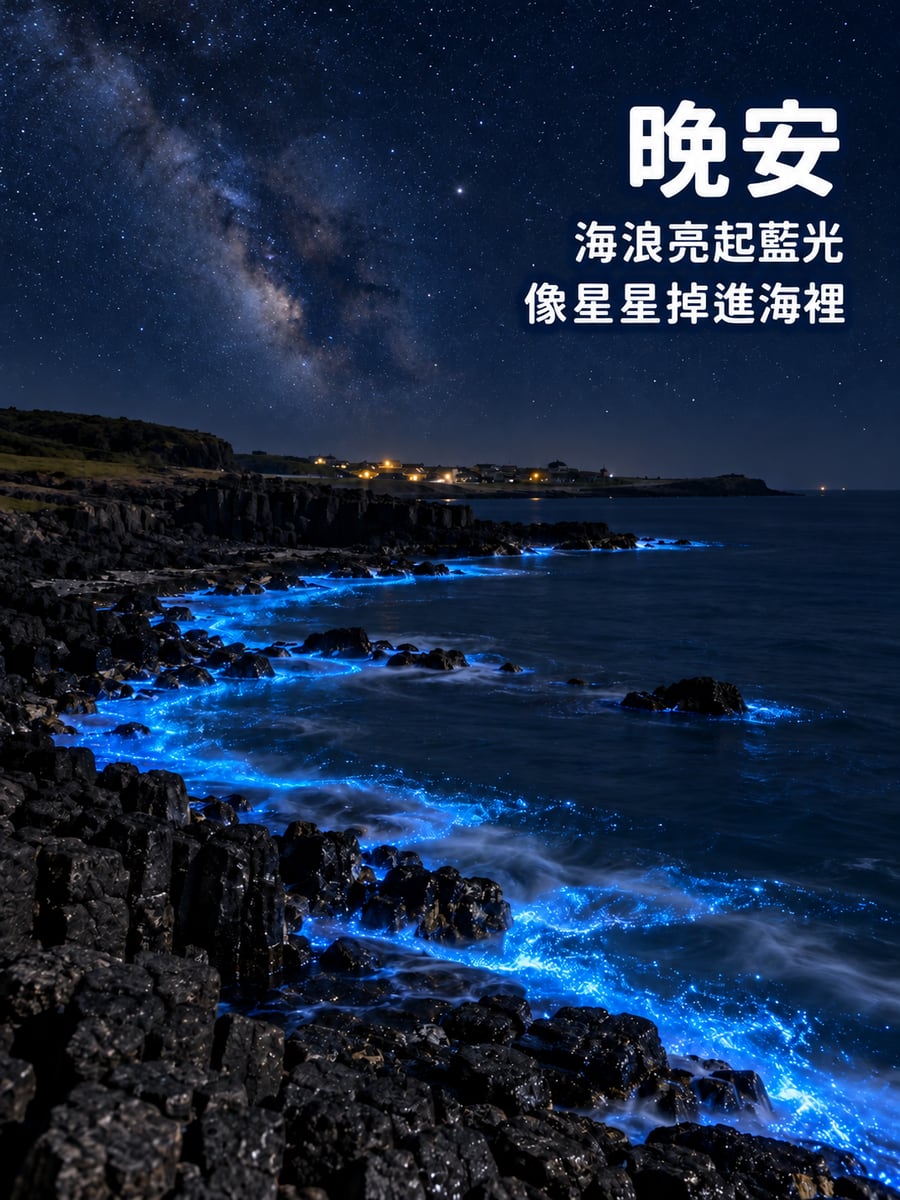 藍眼淚海岸。圖中文字：晚安，海浪亮起藍光，像星星掉進海裡