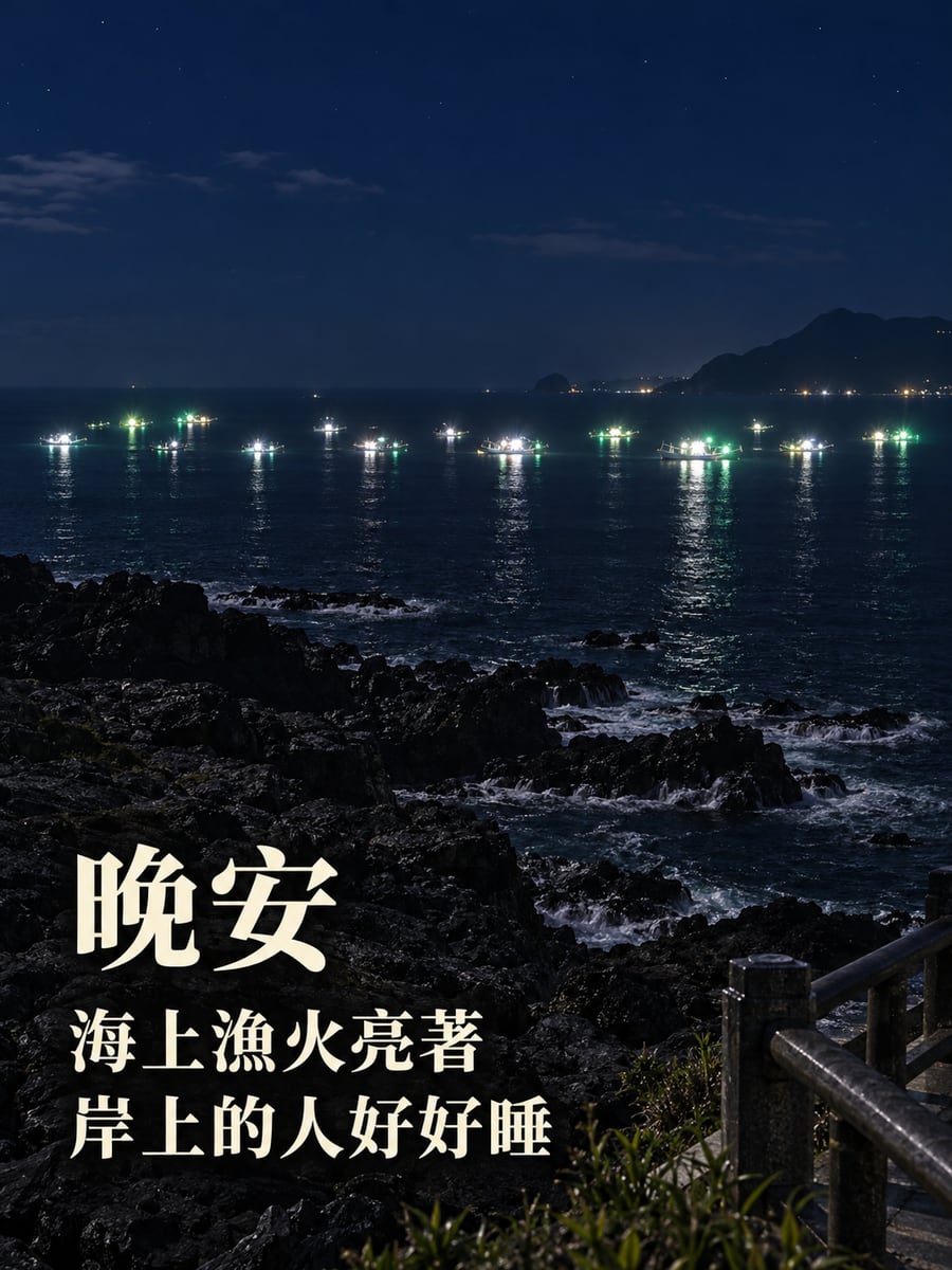 海上漁火。圖中文字：晚安，海上漁火亮著，岸上的人好好睡