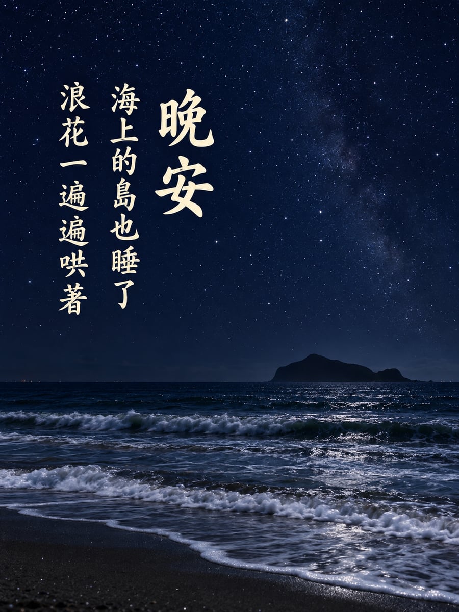 星空下的龜山島。圖中文字：晚安，海上的島也睡了，浪花一遍遍哄著