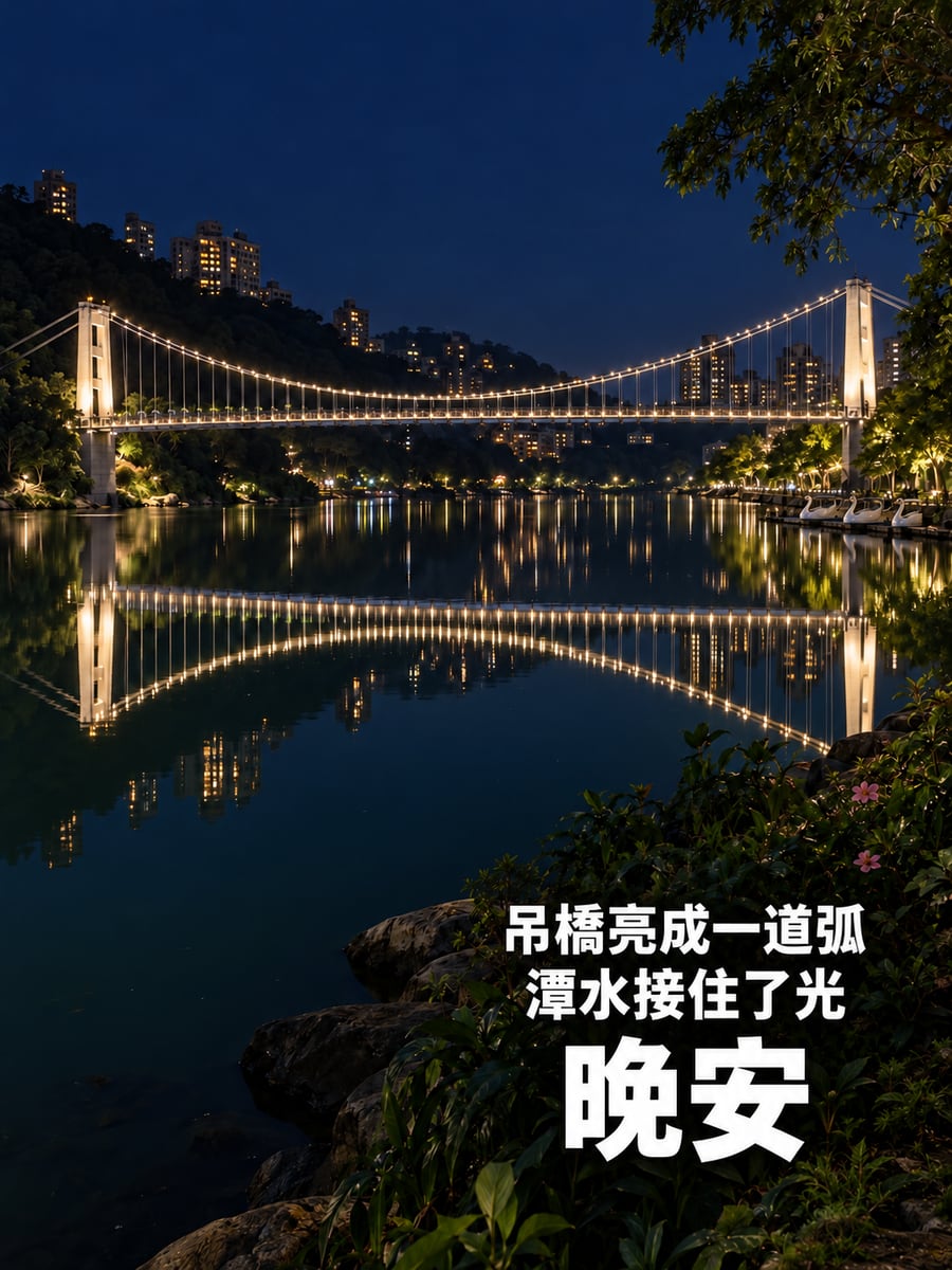 吊橋的燈。圖中文字：晚安，吊橋亮成一道弧，潭水接住了光