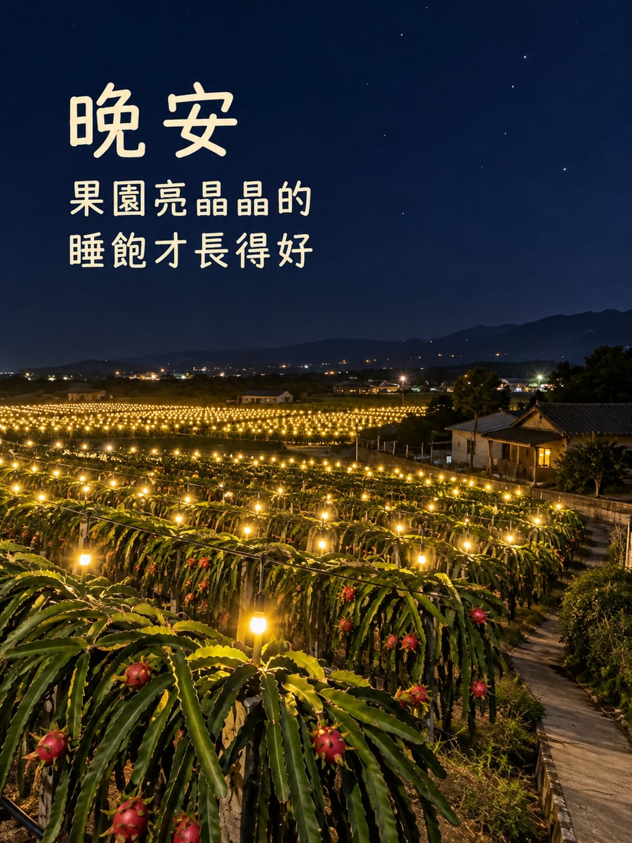 火龍果園燈海。圖中文字：晚安，果園亮晶晶的，睡飽才長得好