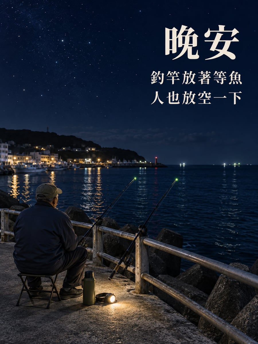 堤防夜釣。圖中文字：晚安，釣竿放著等魚，人也放空一下