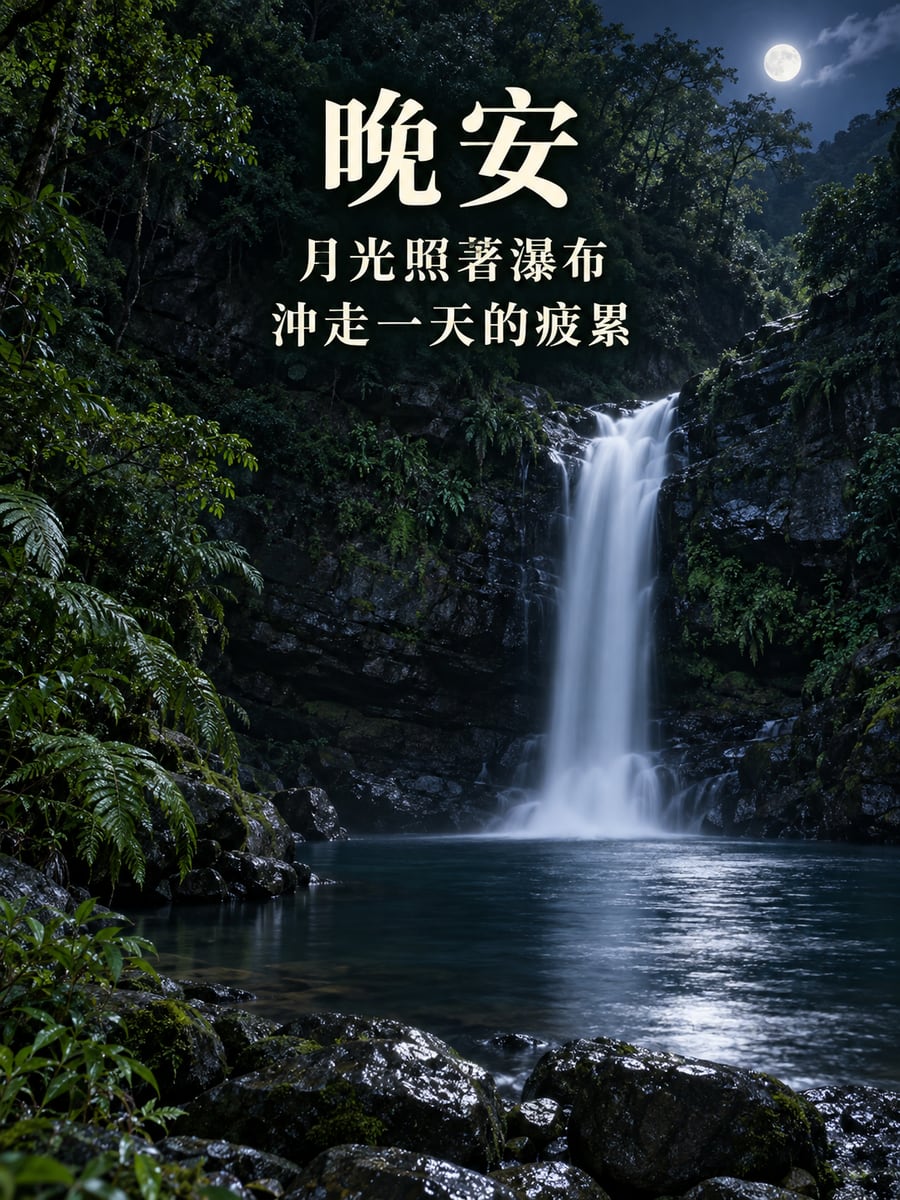 月光下的瀑布。圖中文字：晚安，月光照著瀑布，沖走一天的疲累