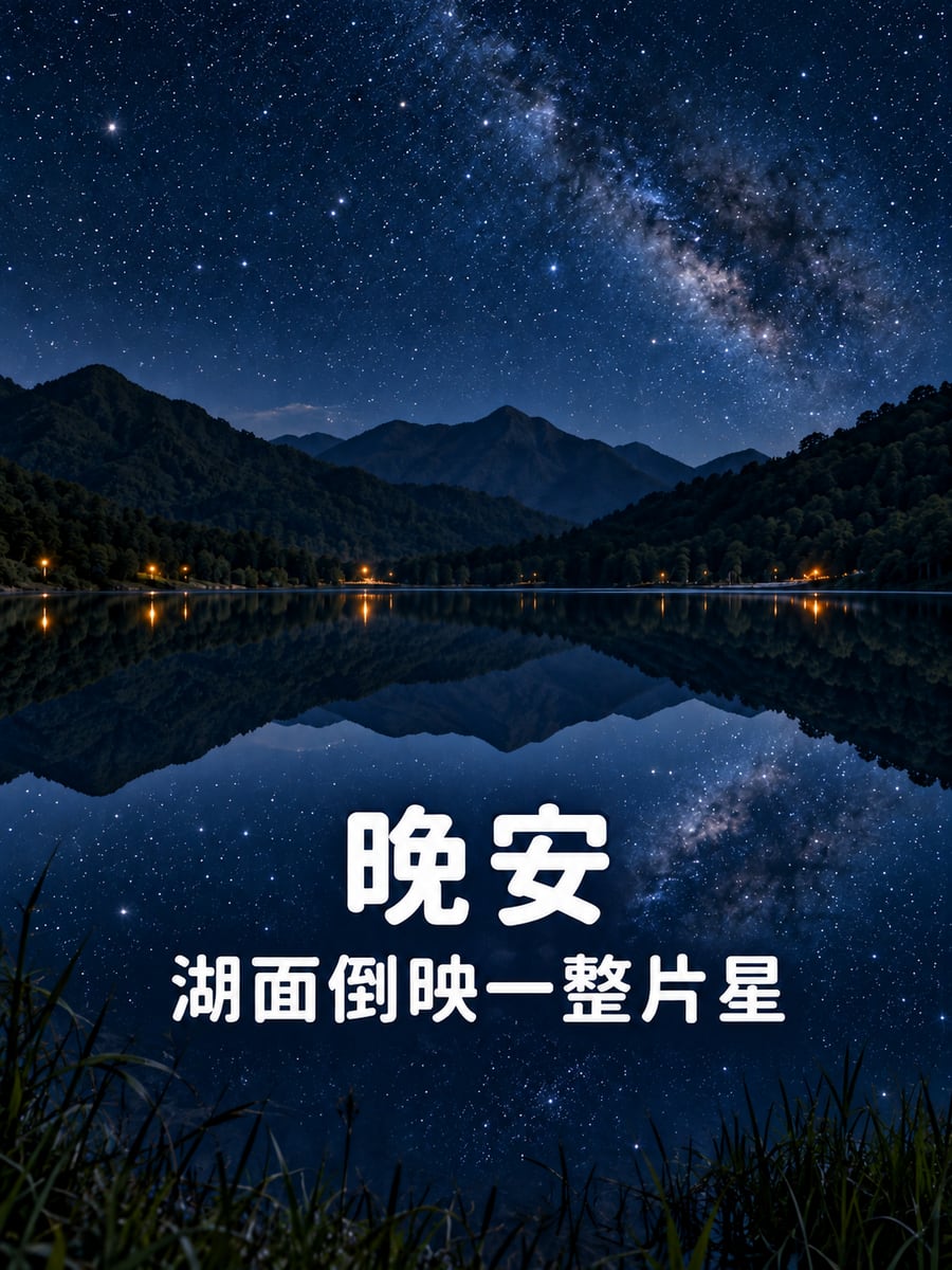 映著星空的湖。圖中文字：晚安，湖面倒映一整片星