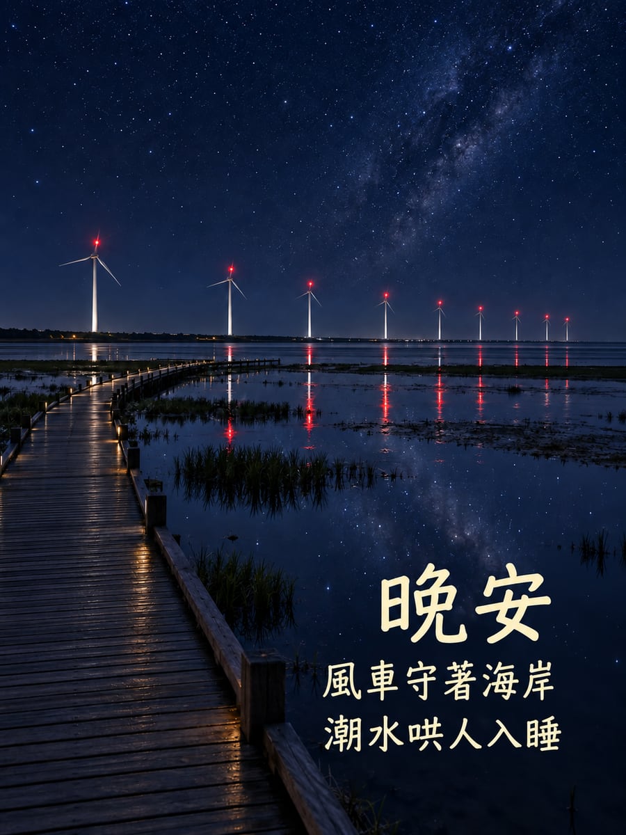 海邊風車夜色。圖中文字：晚安，風車守著海岸，潮水哄人入睡