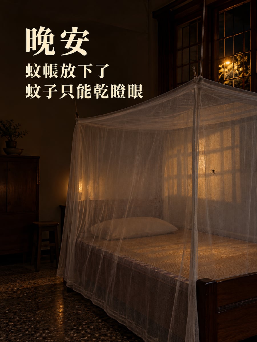 放下蚊帳。圖中文字：晚安，蚊帳放下了，蚊子只能乾瞪眼