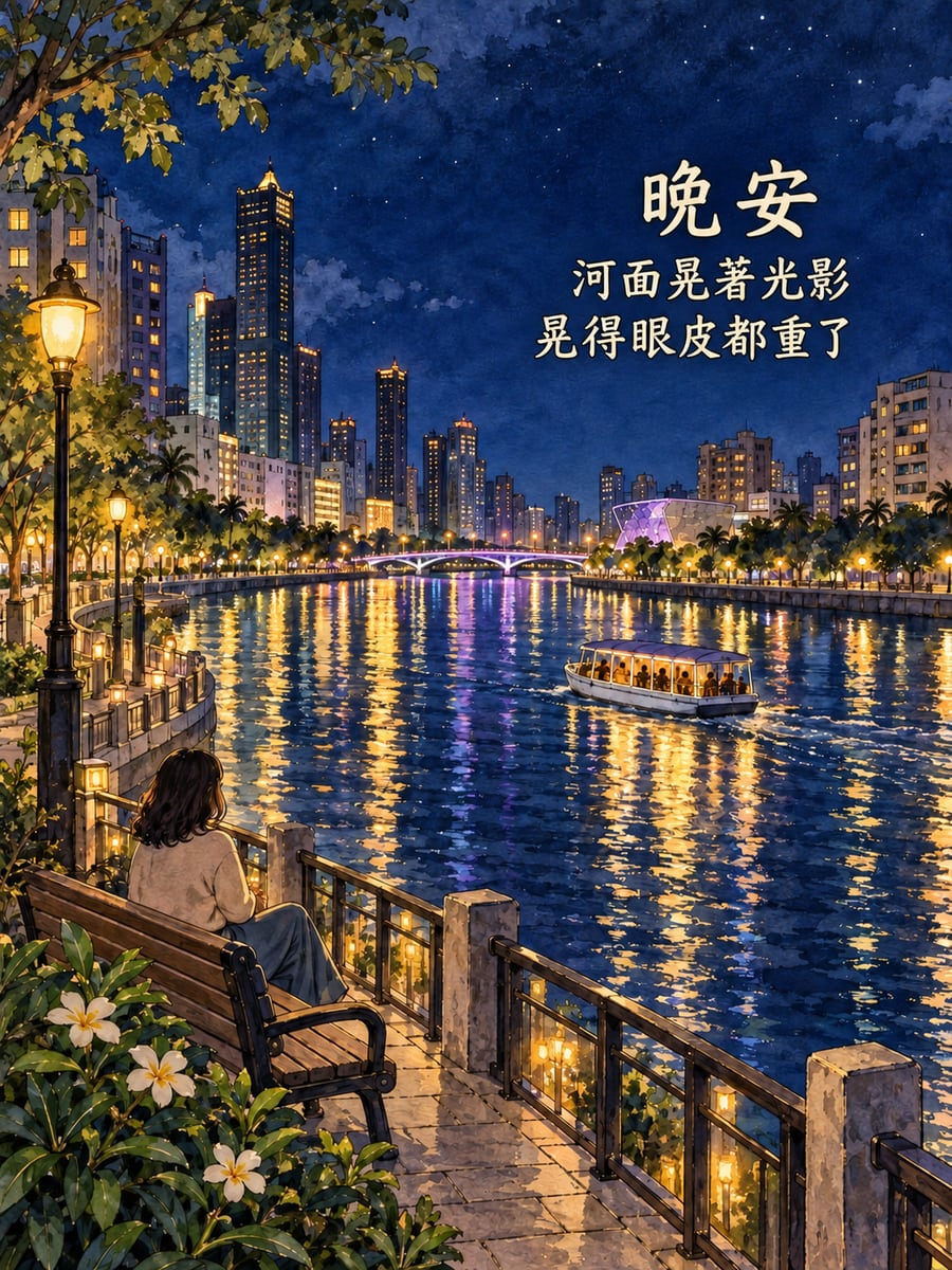 河面的光影。圖中文字：晚安，河面晃著光影，晃得眼皮都重了