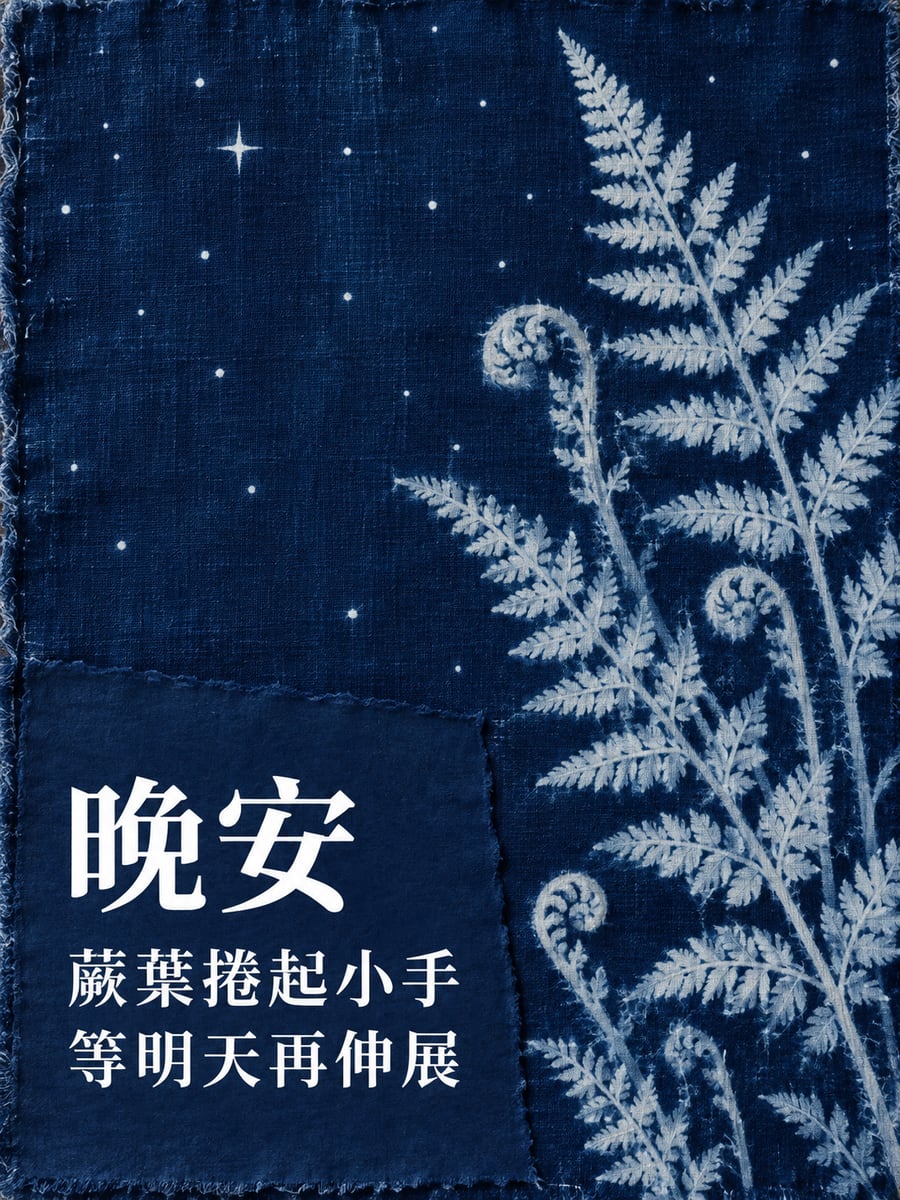 藍染夜空蕨葉。圖中文字：晚安，蕨葉捲起小手，等明天再伸展