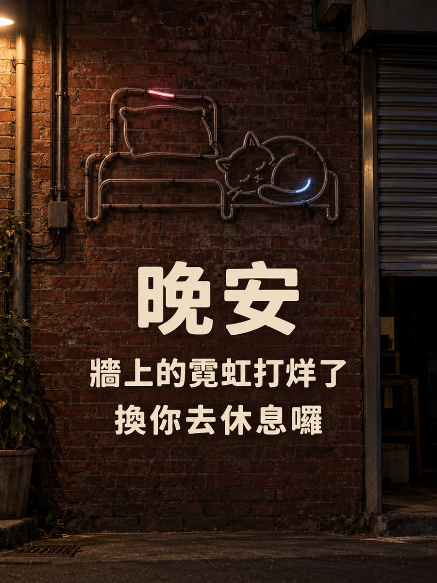 打烊的霓虹。圖中文字：晚安，牆上的霓虹打烊了，換你去休息囉