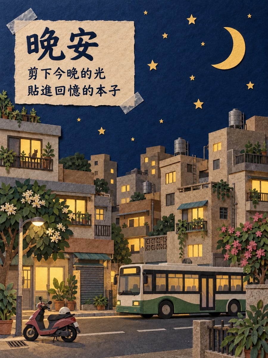 剪下今晚。圖中文字：晚安，剪下今晚的光，貼進回憶的本子