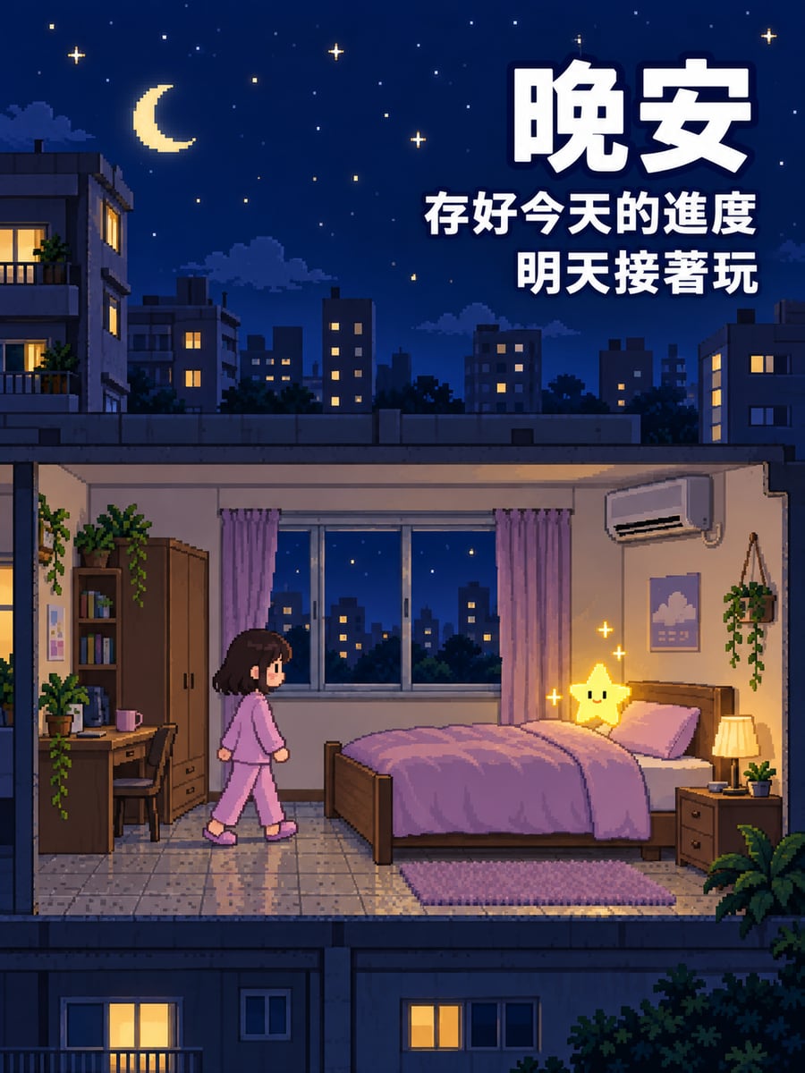 存檔再睡。圖中文字：晚安，存好今天的進度，明天接著玩