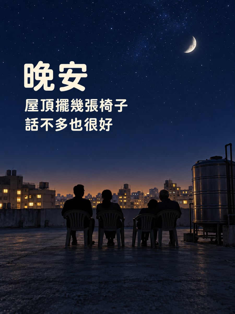 頂樓乘涼。圖中文字：晚安，屋頂擺幾張椅子，話不多也很好