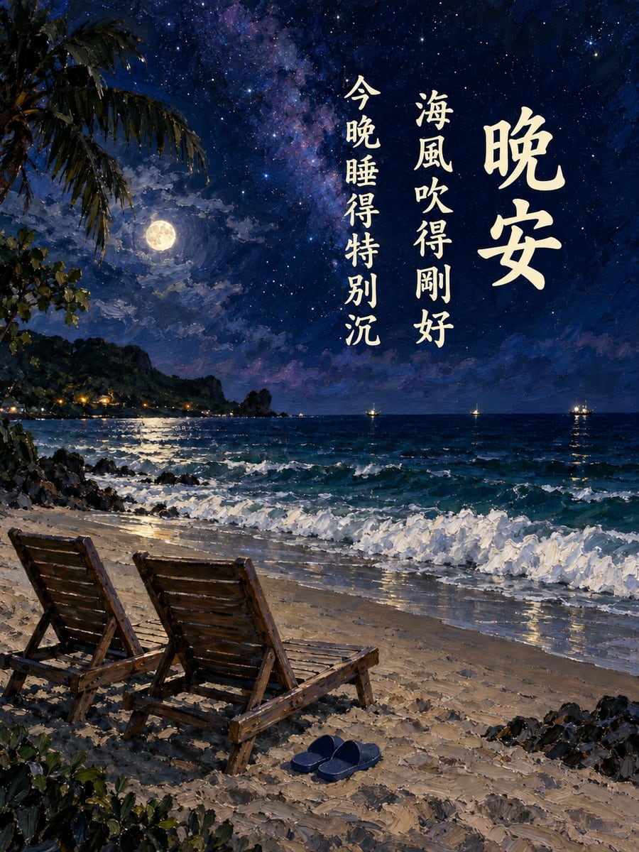 夏夜沙灘。圖中文字：晚安，海風吹得剛好，今晚睡得特別沉