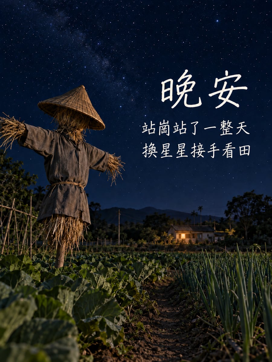 星空下的稻草人。圖中文字：晚安，站崗站了一整天，換星星接手看田