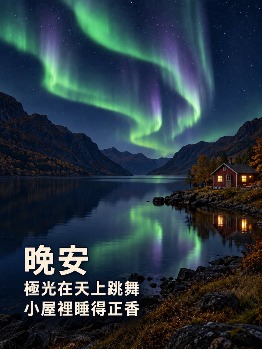 極光下的小屋。圖中文字：晚安，極光在天上跳舞，小屋裡睡得正香