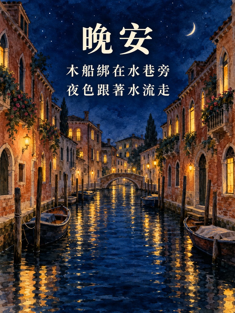 水都的夜。圖中文字：晚安，木船綁在水巷旁，夜色跟著水流走