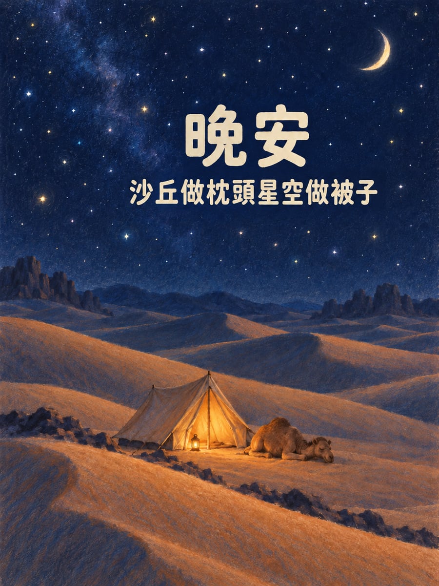 沙漠星空營地。圖中文字：晚安，沙丘做枕頭星空做被子