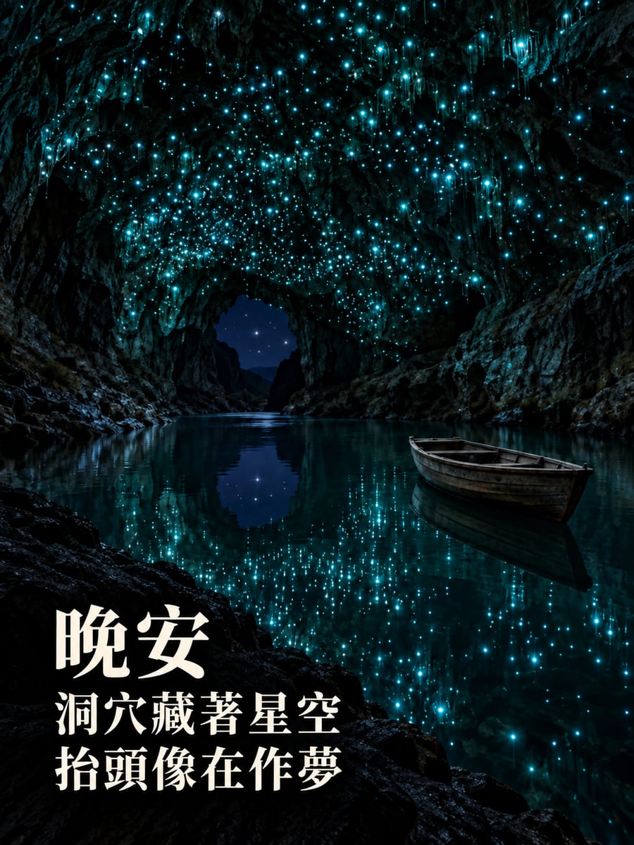 地底的星空。圖中文字：晚安，洞穴藏著星空，抬頭像在作夢