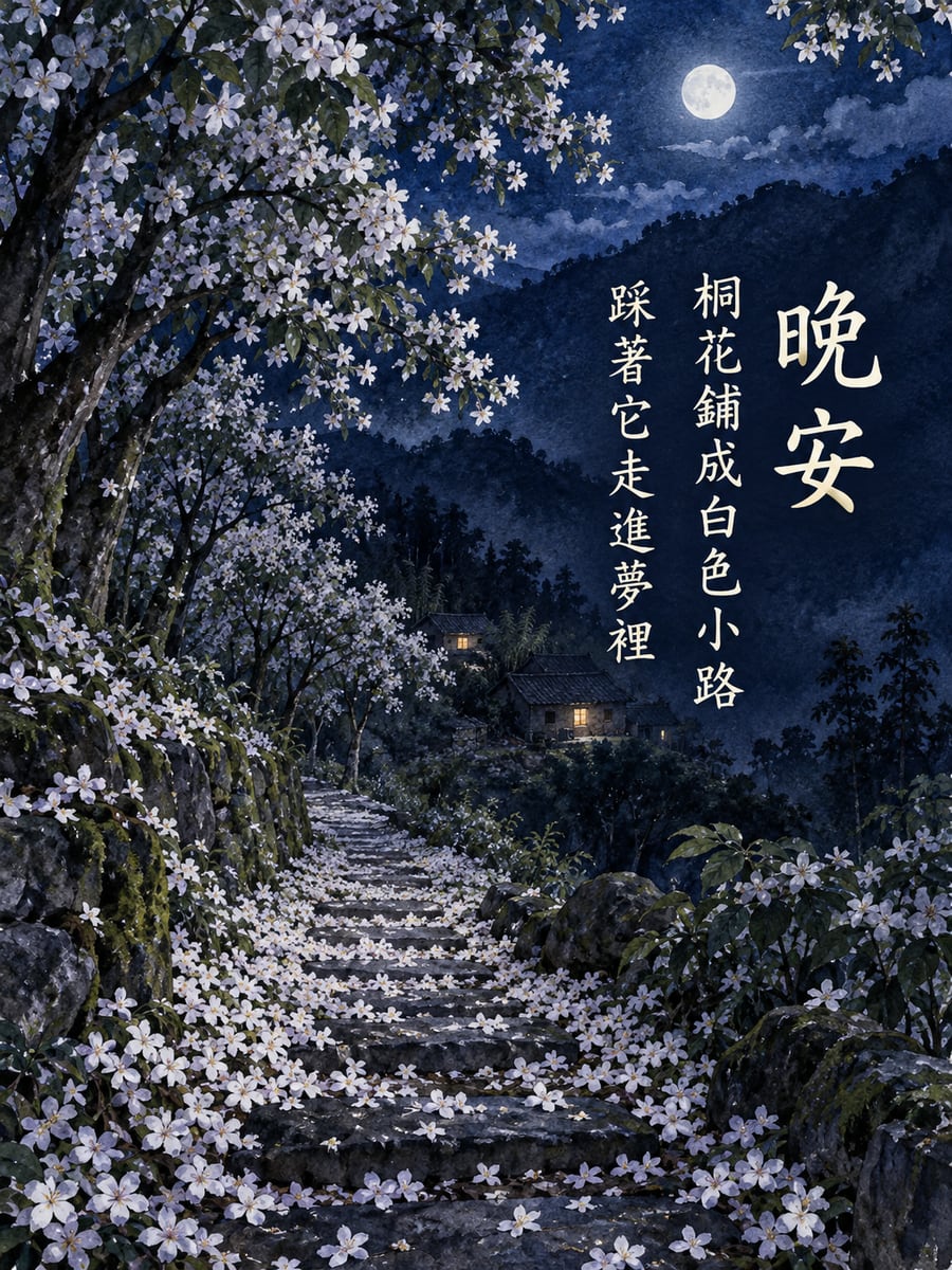 月夜油桐花。圖中文字：晚安，桐花鋪成白色小路，踩著它走進夢裡
