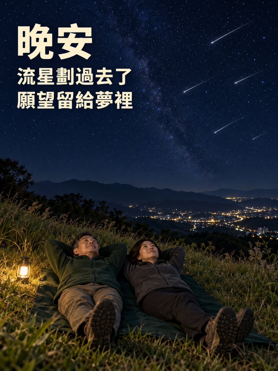 看流星雨。圖中文字：晚安，流星劃過去了，願望留給夢裡