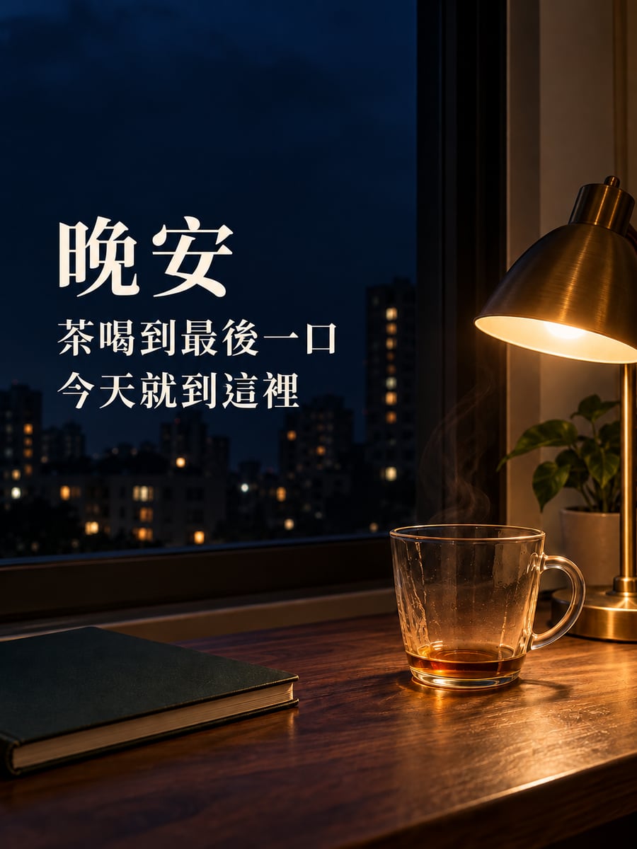 檯燈下一杯熱茶。圖中文字：晚安，茶喝到最後一口，今天就到這裡