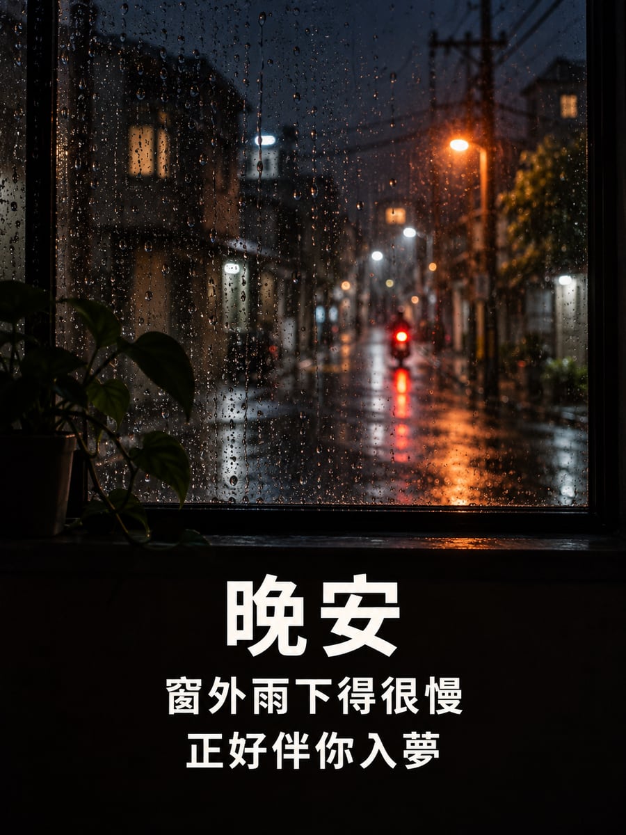 夜雨窗景。圖中文字：晚安，窗外雨下得很慢，正好伴你入夢