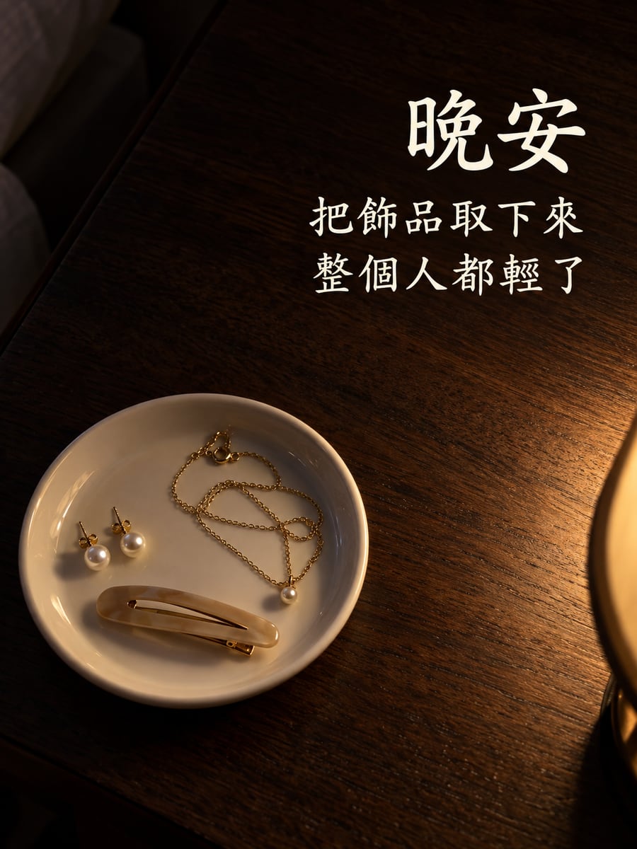 首飾取下來了。圖中文字：晚安，把飾品取下來，整個人都輕了