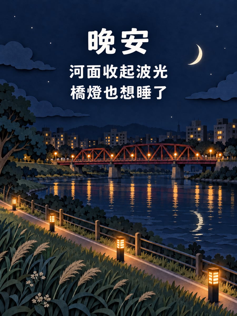 紙雕河岸夜色。圖中文字：晚安，河面收起波光，橋燈也想睡了