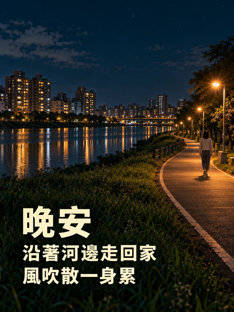 河濱路燈。圖中文字：晚安，沿著河邊走回家，風吹散一身累