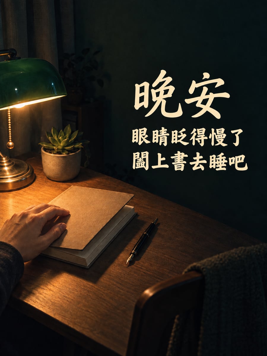 夜讀收尾。圖中文字：晚安，眼睛眨得慢了，闔上書去睡吧