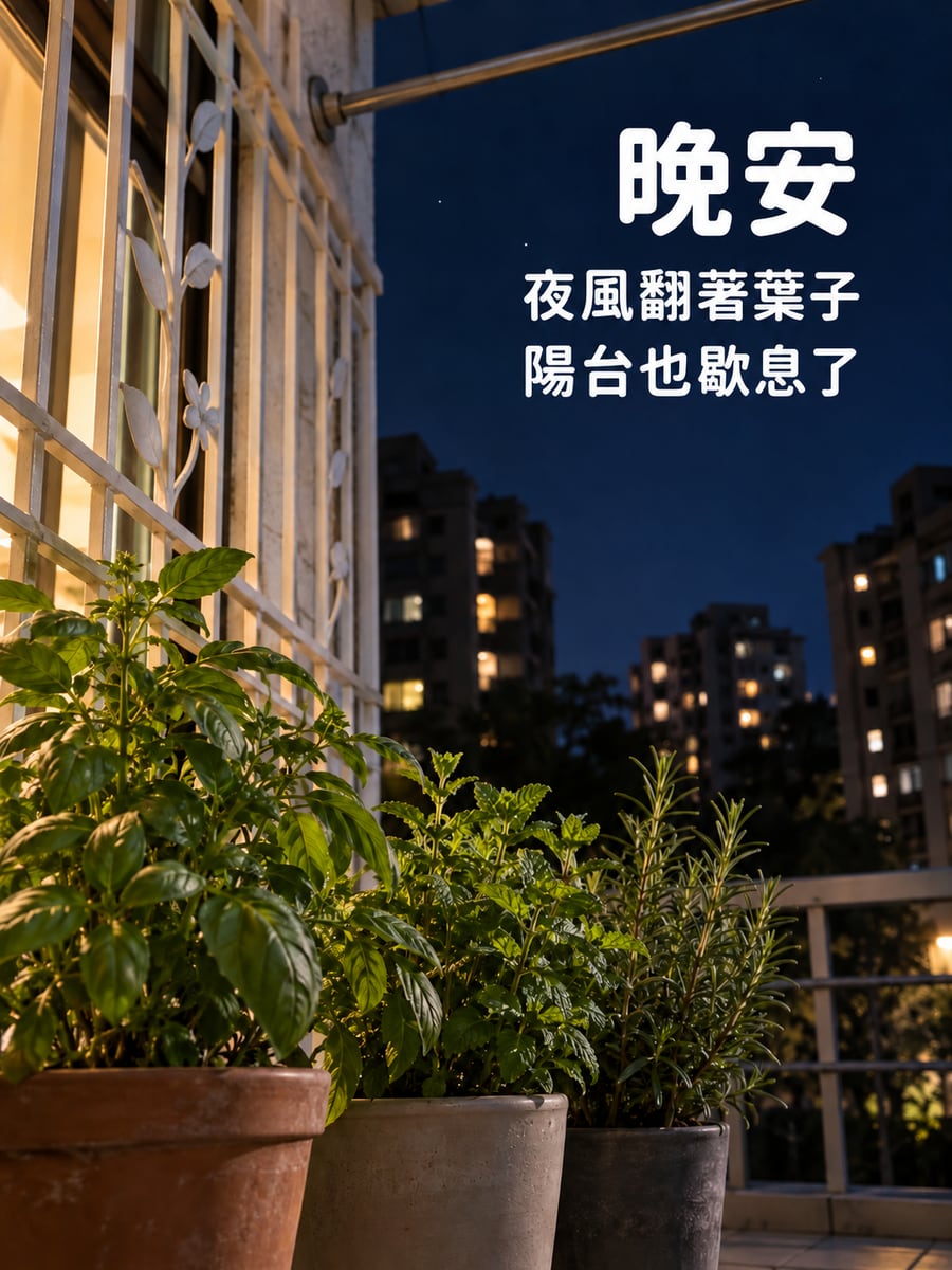 陽台盆栽夜風。圖中文字：晚安，夜風翻著葉子，陽台也歇息了
