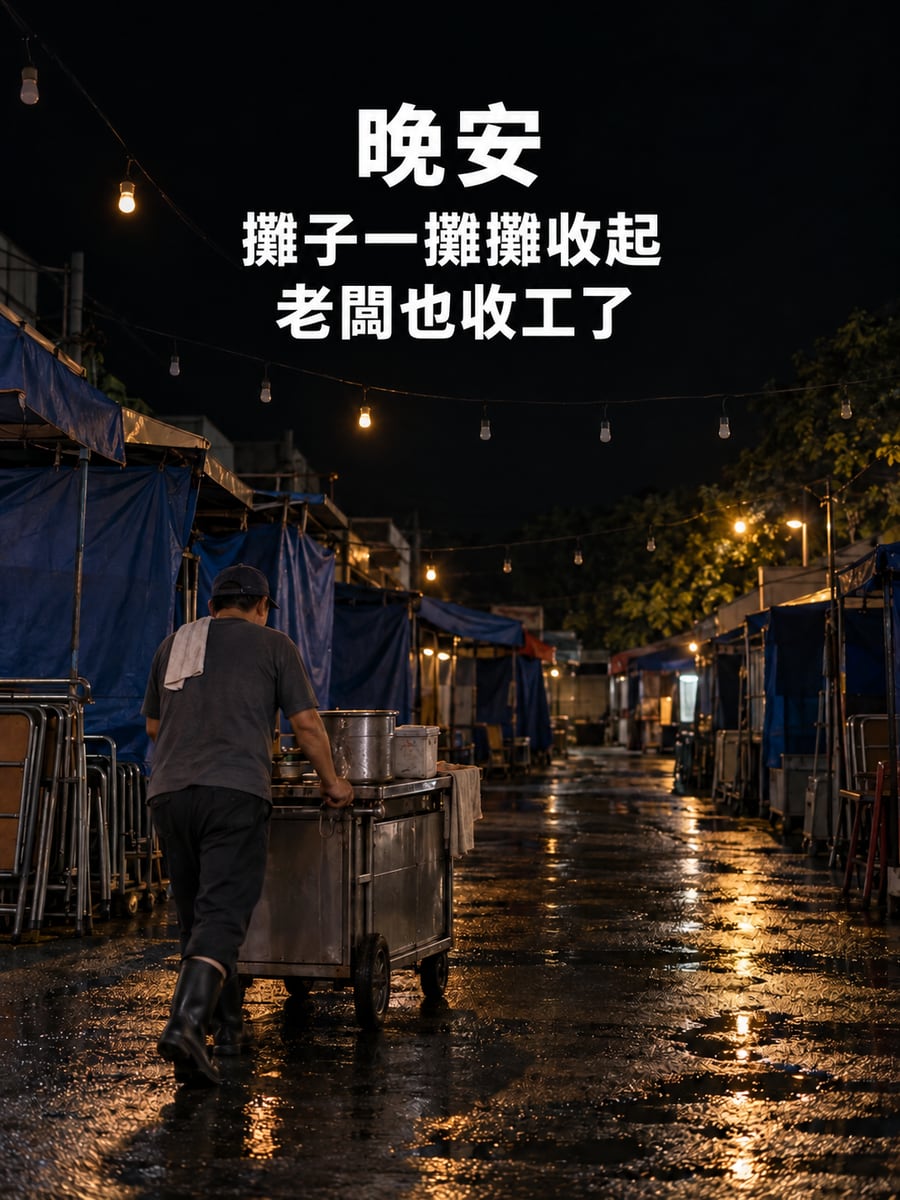 夜市收攤。圖中文字：晚安，攤子一攤攤收起，老闆也收工了