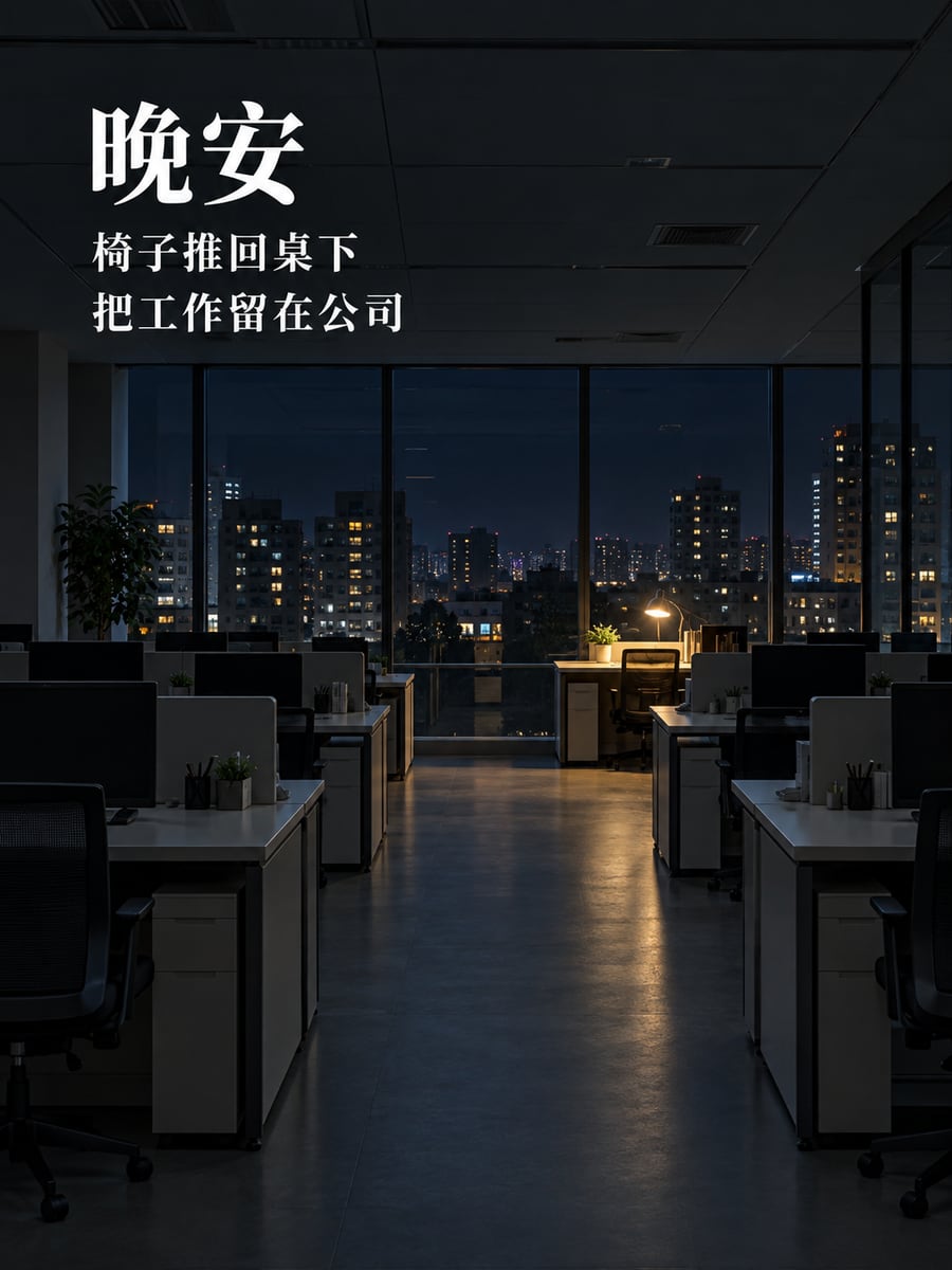 辦公室最後一盞燈。圖中文字：晚安，椅子推回桌下，把工作留在公司