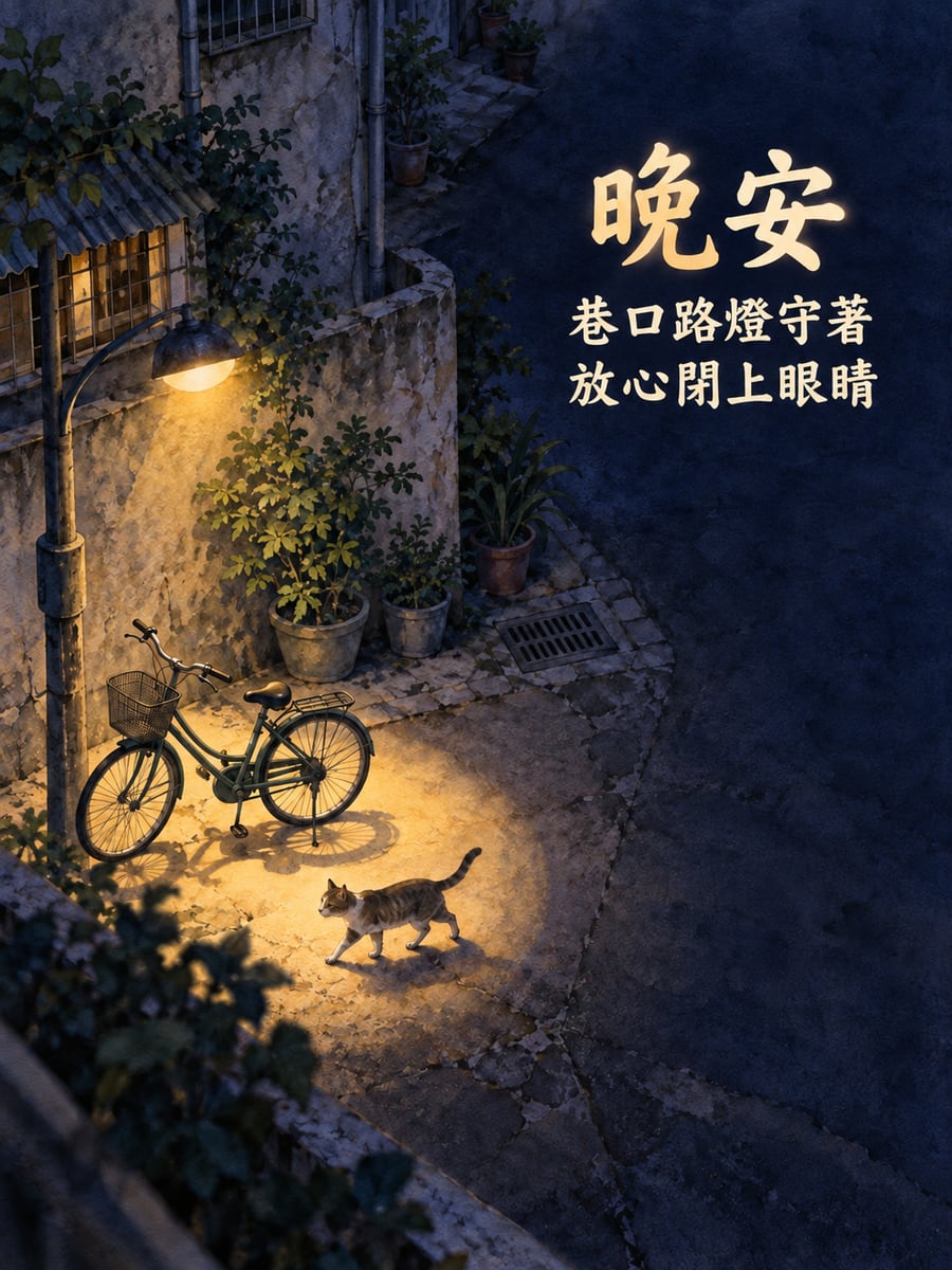 巷口路燈。圖中文字：晚安，巷口路燈守著，放心閉上眼睛
