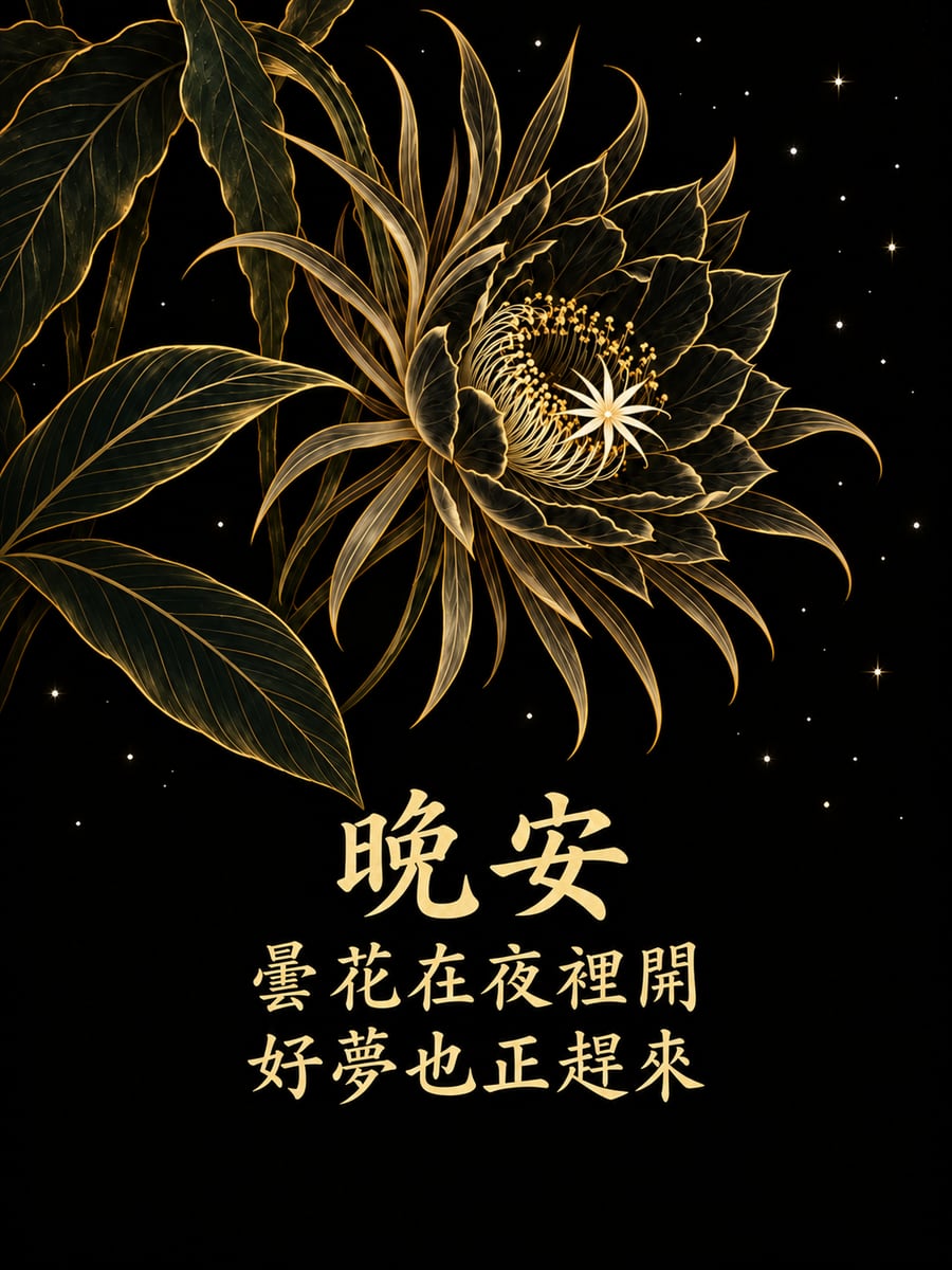 曇花夜開。圖中文字：晚安，曇花在夜裡開，好夢也正趕來