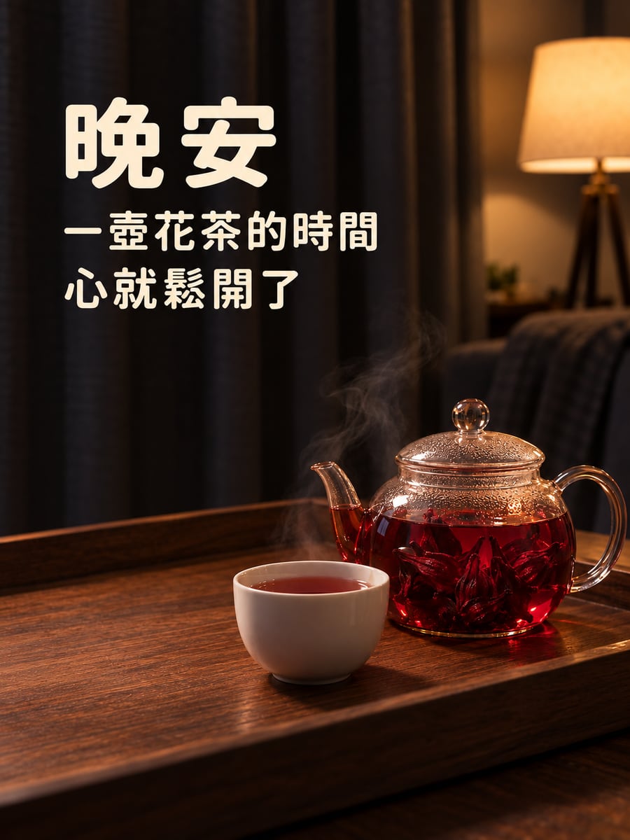一壺洛神花茶。圖中文字：晚安，一壺花茶的時間，心就鬆開了