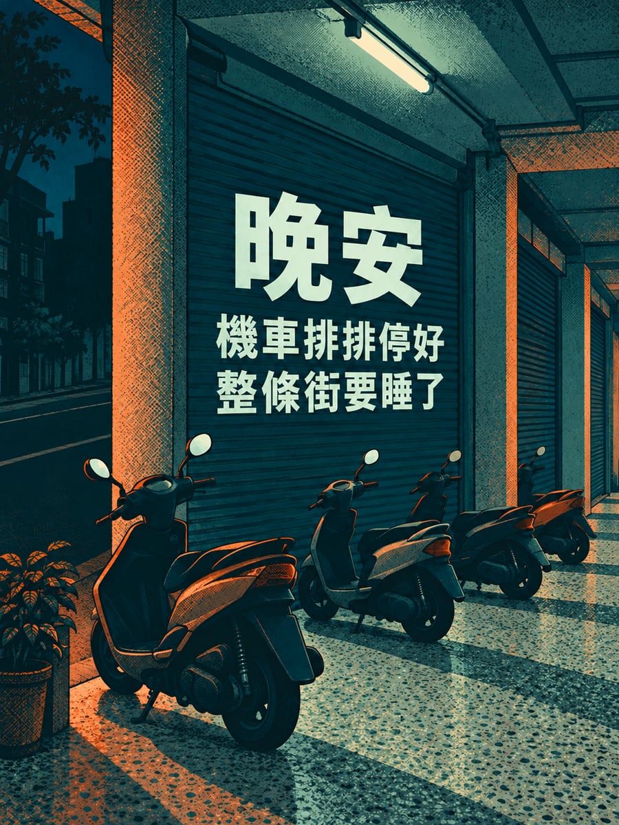 騎樓機車停好了。圖中文字：晚安，機車排排停好，整條街要睡了