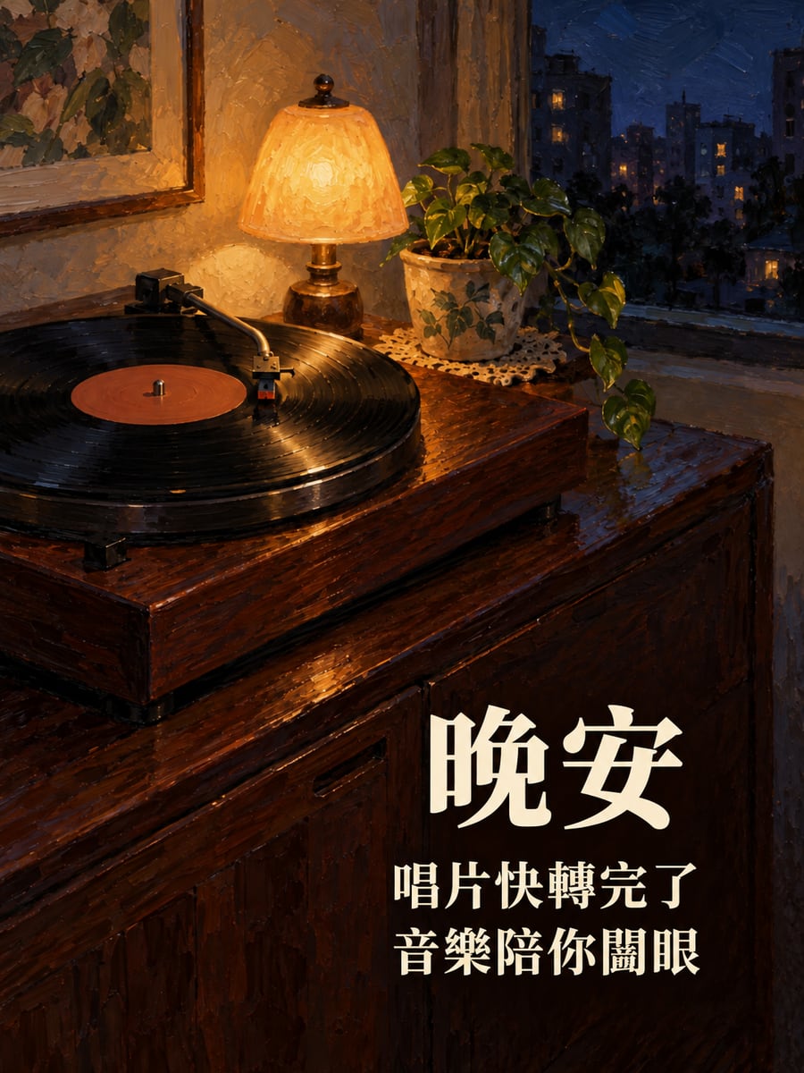唱盤轉最後一首。圖中文字：晚安，唱片快轉完了，音樂陪你闔眼