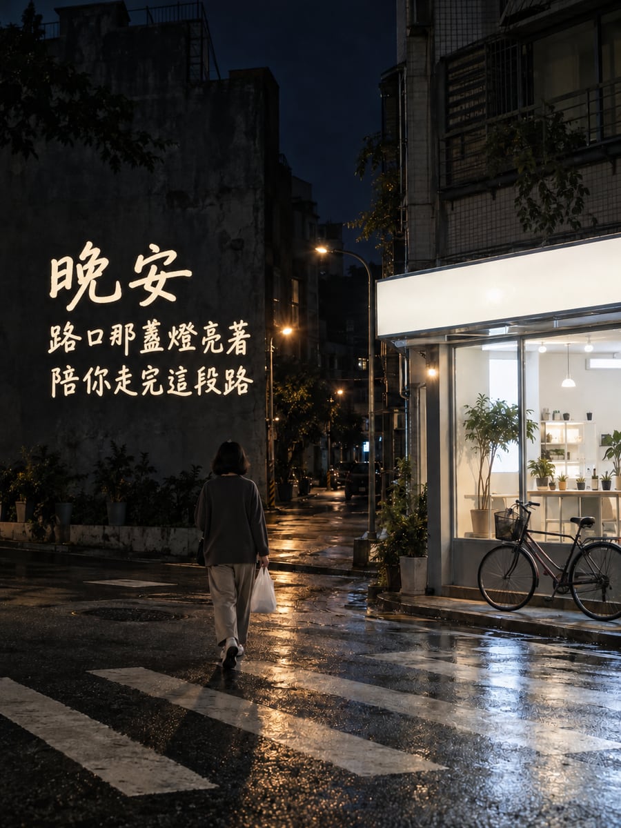 路口那盞燈。圖中文字：晚安，路口那盞燈亮著，陪你走完這段路