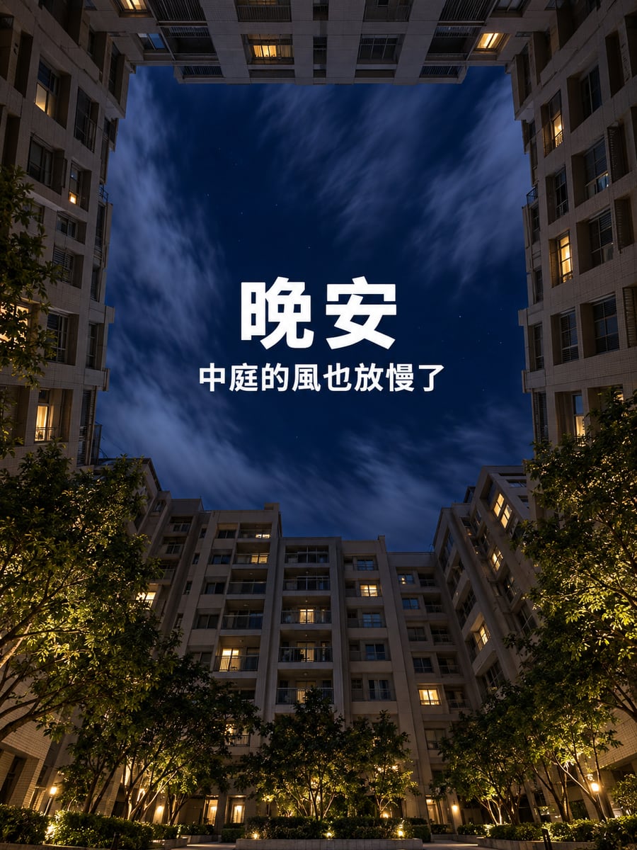 中庭的夜。圖中文字：晚安，中庭的風也放慢了